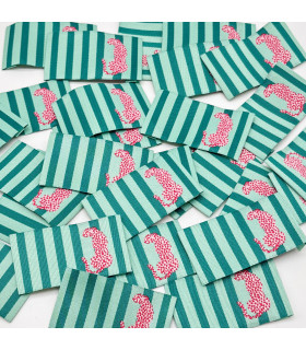 Étiquette tissée à coudre : Rayures menthe - Léopard Rose