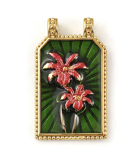 PENDENTIF Plaque Émaillée - Palmiers ROSE VERT et DORÉ
