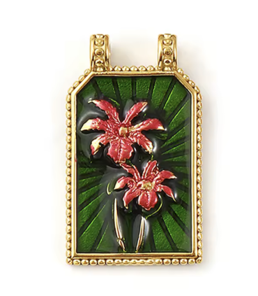 PENDENTIF Plaque Émaillée - Palmiers ROSE VERT et DORÉ