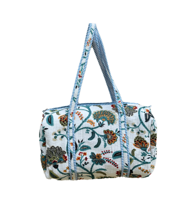 Sac polochon en matelassé indien - Fleuri - MENTHE et fond ÉCRU