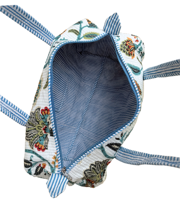 Sac polochon en matelassé indien - Fleuri - MENTHE et fond ÉCRU