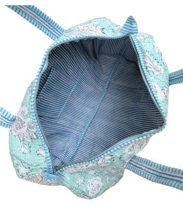Sac polochon en matelassé indien - Fleuri - BLANC Fond MENTHE
