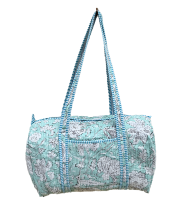 Sac polochon en matelassé indien - Fleuri - BLANC Fond MENTHE