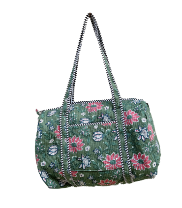 Sac polochon en matelassé indien - Fleuri - BLANC ROUGE fond VERT