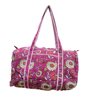Sac polochon en matelassé indien - fleurs ORANGE fond FUCHSIA