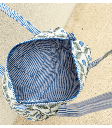Sac polochon en matelassé indien - Feuille VERTE fond ÉCRU