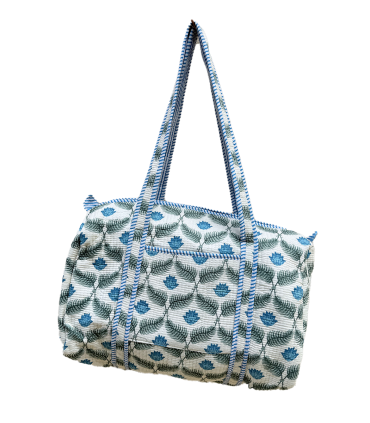 Sac polochon en matelassé indien - Feuille VERTE fond ÉCRU