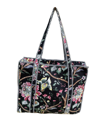 Tote bag indien matelassé zip - Fleurs ROSE JAUNE fond NOIR