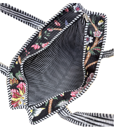 Tote bag indien matelassé zip - Fleurs ROSE JAUNE fond NOIR
