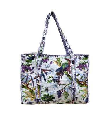 Tote bag indien matelassé zip - VERT VIOLET fond BLANC