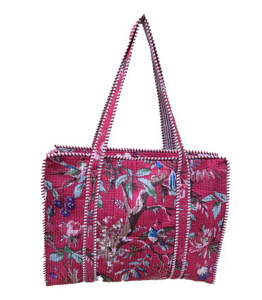 Tote bag indien matelassé zip - Fleurs VIOLET fond ROUGE