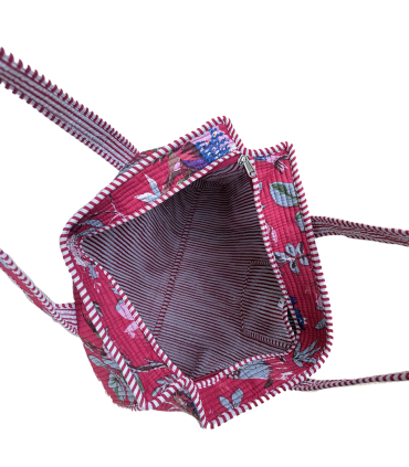 Tote bag indien matelassé zip - Fleurs VIOLET fond ROUGE