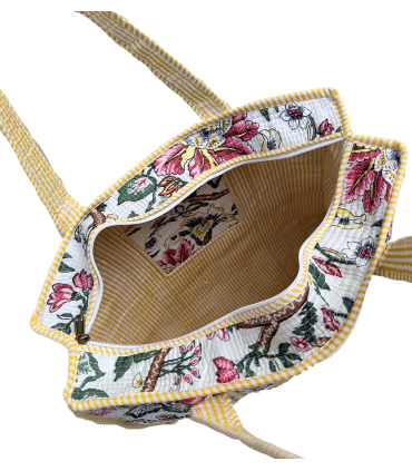Tote bag indien matelassé zip- Fleurs ROSES Fond CRÈME
