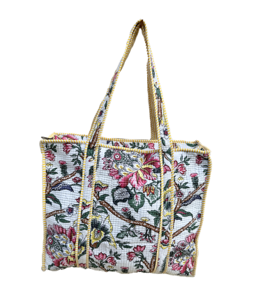 Tote bag indien matelassé zip- Fleurs ROSES Fond CRÈME