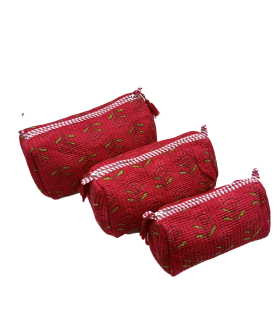 Set de 3 trousses indiennes - Fond ROUGE petite fleurs VERTES