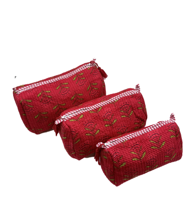 Set de 3 trousses indiennes - Fond ROUGE petite fleurs VERTES