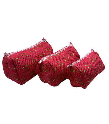 Set de 3 trousses indiennes - Fond ROUGE petite fleurs VERTES