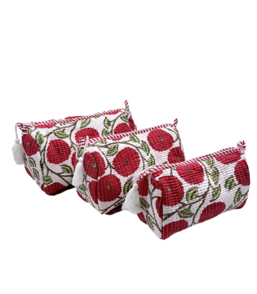 Set de 3 trousses indiennes - Coquelicots ROUGE fond BLANC