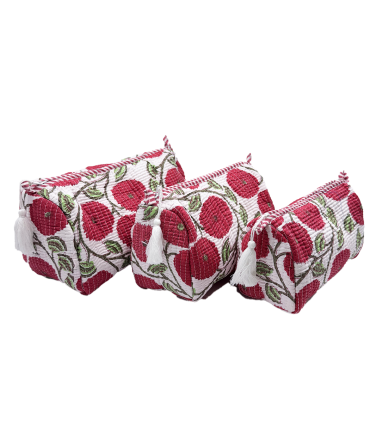 Set de 3 trousses indiennes - Coquelicots ROUGE fond BLANC