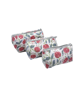 Set de 3 trousses indiennes - Fleurs ROSES et Feuilles Bleues fond BLANC