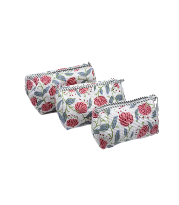 Set de 3 trousses indiennes - Fleurs ROSES et Feuilles Bleues fond BLANC