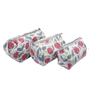 Set de 3 trousses indiennes - Fleurs ROSES et Feuilles Bleues fond BLANC