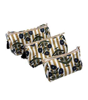 Set de 3 trousses indiennes - Fleurs MARINES rayures OCRE BLANC
