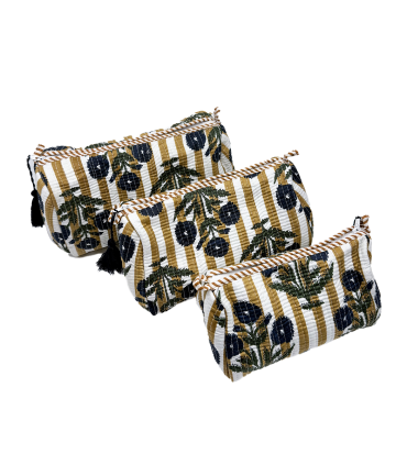 Set de 3 trousses indiennes - Fleurs MARINES rayures OCRE BLANC