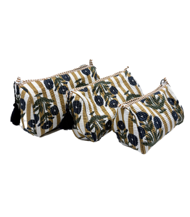 Set de 3 trousses indiennes - Fleurs MARINES rayures OCRE BLANC