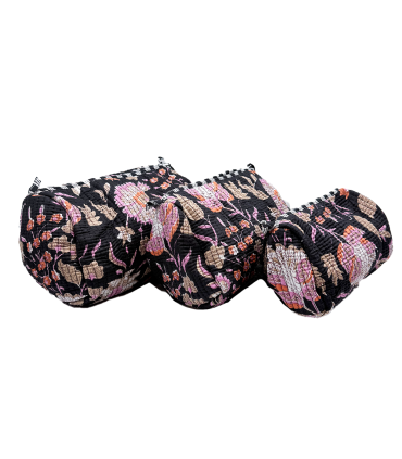 Set de 3 trousses indiennes - Fleurs ROSES et BEIGE fond NOIR