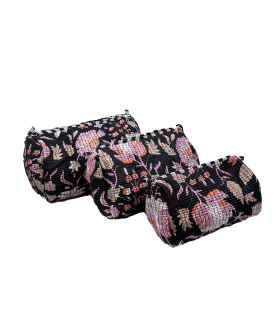 Set de 3 trousses indiennes - Fleurs ROSES et BEIGE fond NOIR