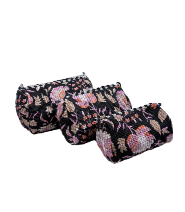 Set de 3 trousses indiennes - Fleurs ROSES et BEIGE fond NOIR