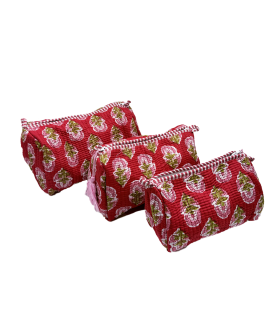 Set de 3 trousses indiennes - Fleurs ROSES fond ROUGE