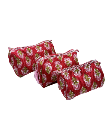 Set de 3 trousses indiennes - Fleurs ROSES fond ROUGE