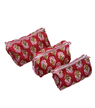 Set de 3 trousses indiennes - Fleurs ROSES fond ROUGE