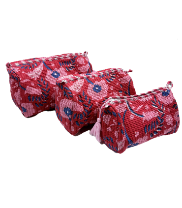 Set de 3 trousses indiennes - Fleurs ROSES  et BLEUES fond ROUGE