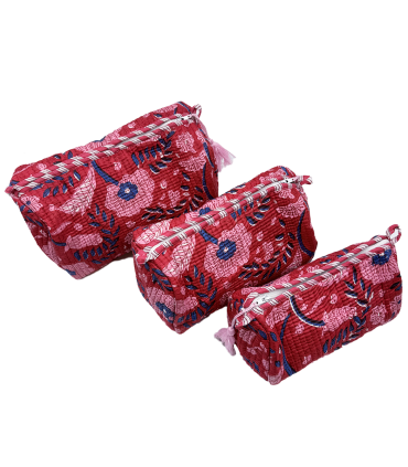 Set de 3 trousses indiennes - Fleurs ROSES  et BLEUES fond ROUGE
