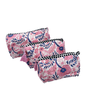 Set de 3 trousses indiennes - Fleurs ROSES  et BLEUES fond BLANC