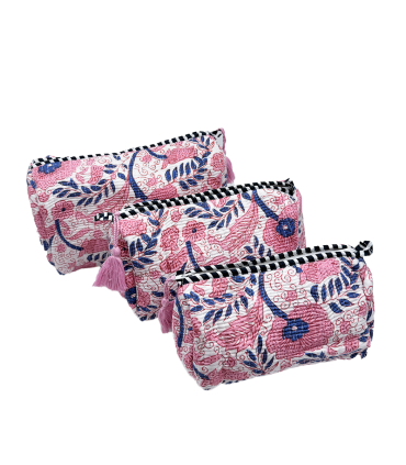 Set de 3 trousses indiennes - Fleurs ROSES  et BLEUES fond BLANC