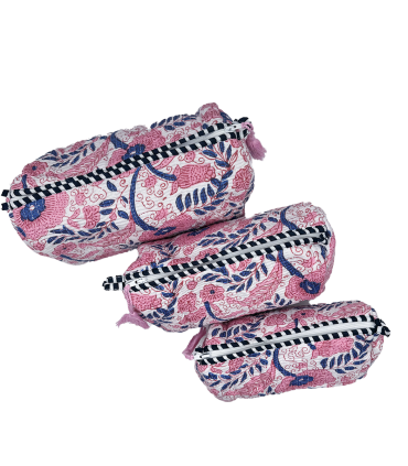Set de 3 trousses indiennes - Fleurs ROSES  et BLEUES fond BLANC
