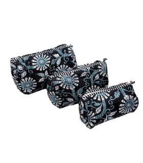 Set de 3 trousses indiennes - Fleurs BLANCHES  et BLEUES fond NOIR