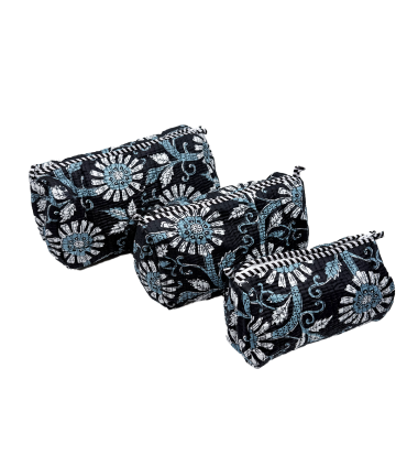 Set de 3 trousses indiennes - Fleurs BLANCHES  et BLEUES fond NOIR