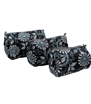 Set de 3 trousses indiennes - Fleurs BLANCHES  et BLEUES fond NOIR