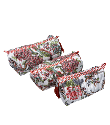 Set de 3 trousses indiennes - Hortensias ROSE fond BLANC