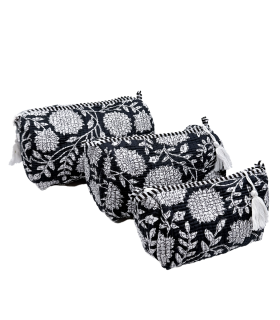 Set de 3 trousses indiennes - Fleurs BLANCHES  fond NOIR