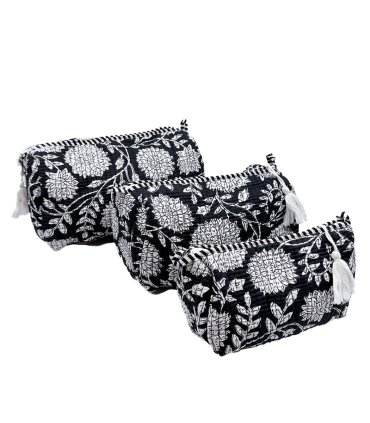 Set de 3 trousses indiennes - Fleurs BLANCHES  fond NOIR