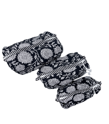 Set de 3 trousses indiennes - Fleurs BLANCHES  fond NOIR