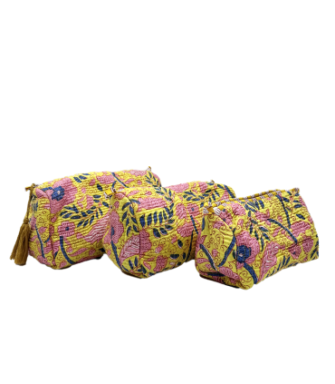 Set de 3 trousses indiennes - Fleurs ROSES  et BLEUES fond JAUNE