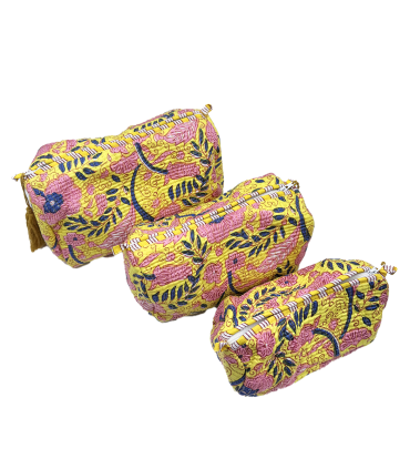 Set de 3 trousses indiennes - Fleurs ROSES  et BLEUES fond JAUNE