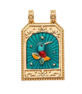 PENDENTIF Plaque Émaillée - Colibri - BLEU CANARD et Doré
